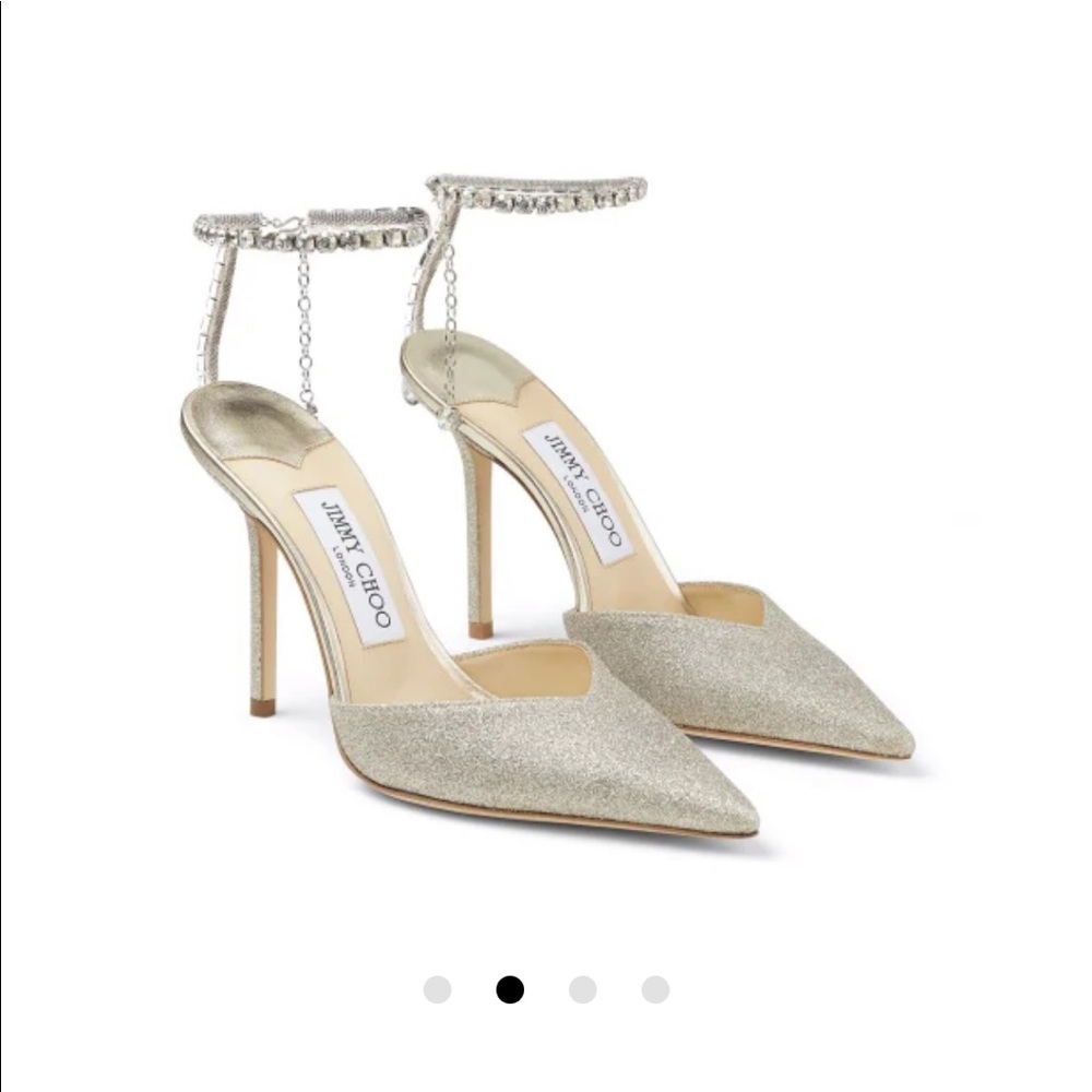 Jimmy Choo Platinum Ice Dusty Glitter Pumps with Crystal Embellishment